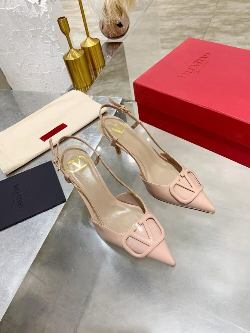 VALENTINO One Stud Nude Leather V‑Logo Slingback Stilettos